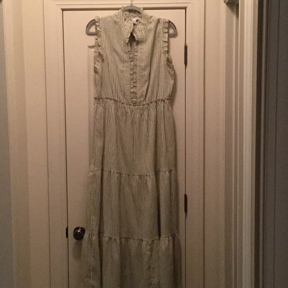 London Times Green/white stripe dress.  Sleeveless. Size 14